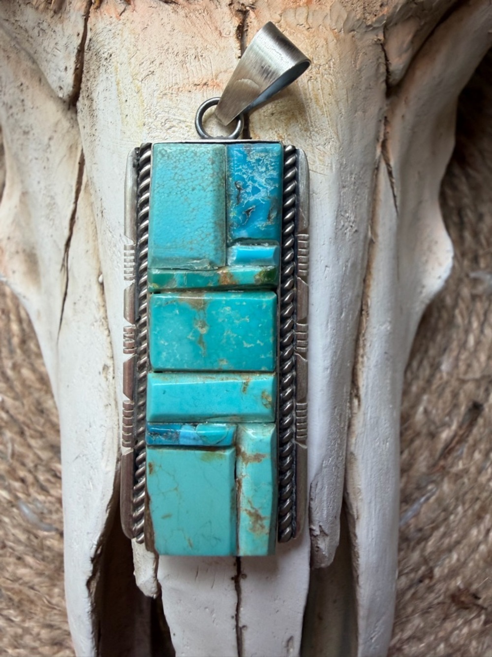Steve Fransisco Turquoise Inlay Sterling Pendant - Rectangular Stack